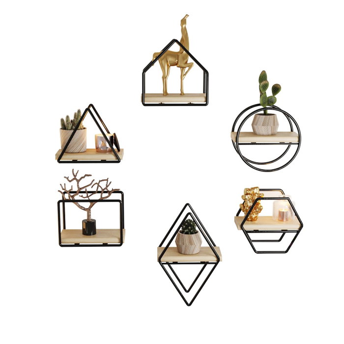 Hanah Home Set de 6 Estantes de Pared de Madera Maciza, Oro y Negro